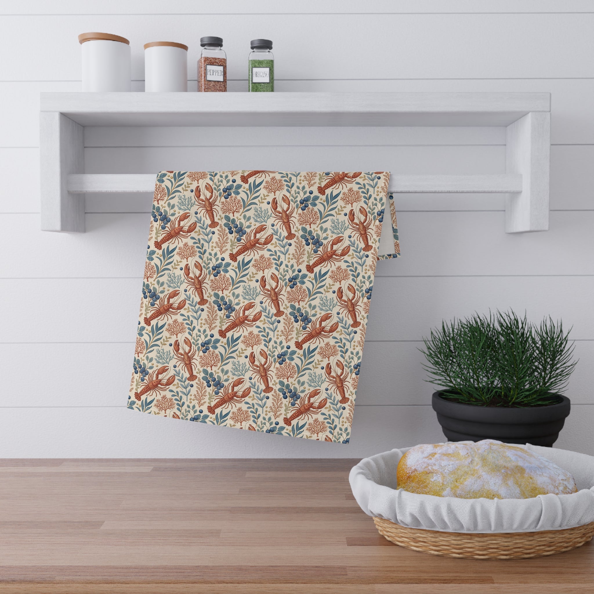 Maine Lobster Dish Towel | Vintage Cottage Core Woodland Design | Rustic Farmhouse Dish Cloth