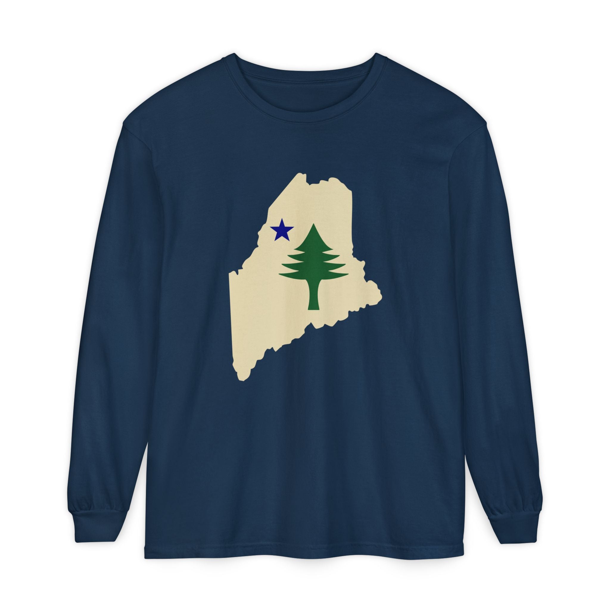 Maine Retro Flag Long Sleeve Tee | Vintage Coastal Apparel | Perfect Gift for Pine Tree State Lovers
