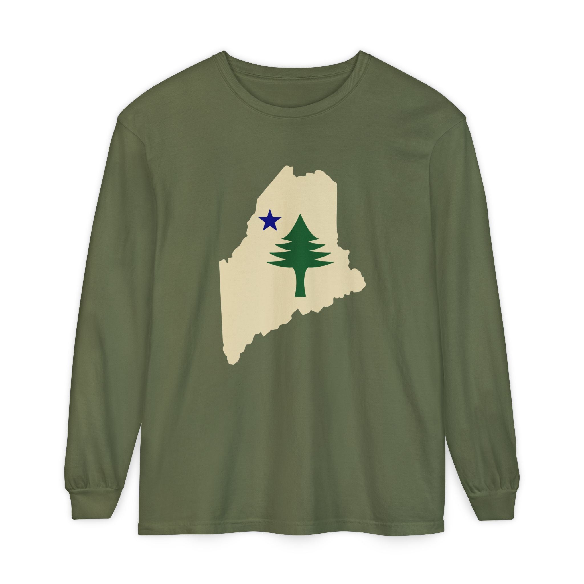 Maine Retro Flag Long Sleeve Tee | Vintage Coastal Apparel | Perfect Gift for Pine Tree State Lovers