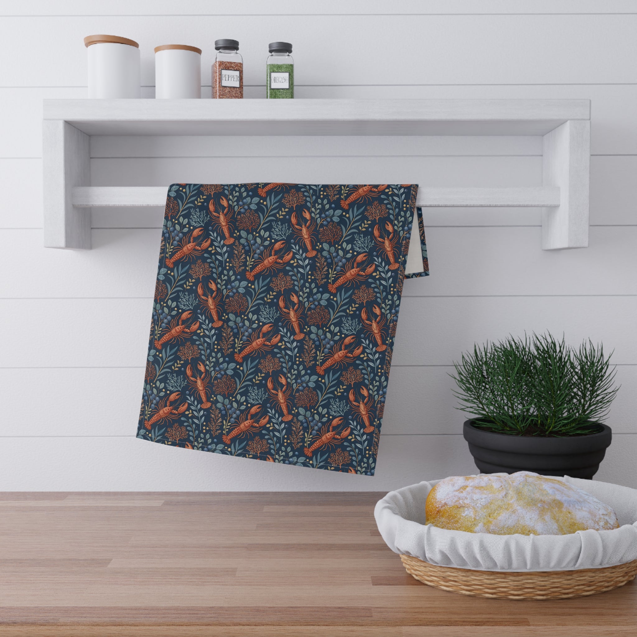 Maine Lobster Dish Towel | Vintage Cottage Core Woodland Design | Rustic Farmhouse Dish Cloth