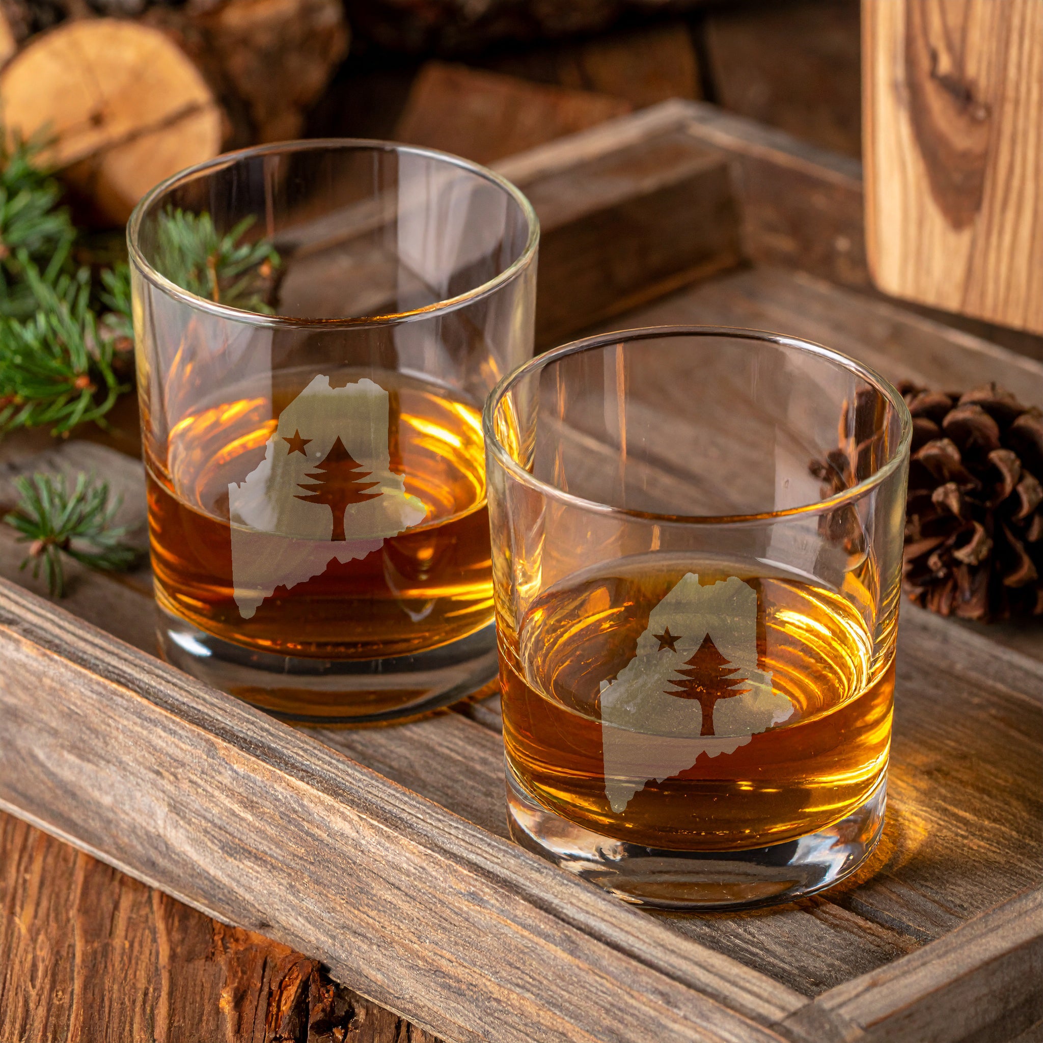 Maine Engraved Whiskey Glass | Retro Maine Flag Rocks Glass | Gift for Whiskey Lovers