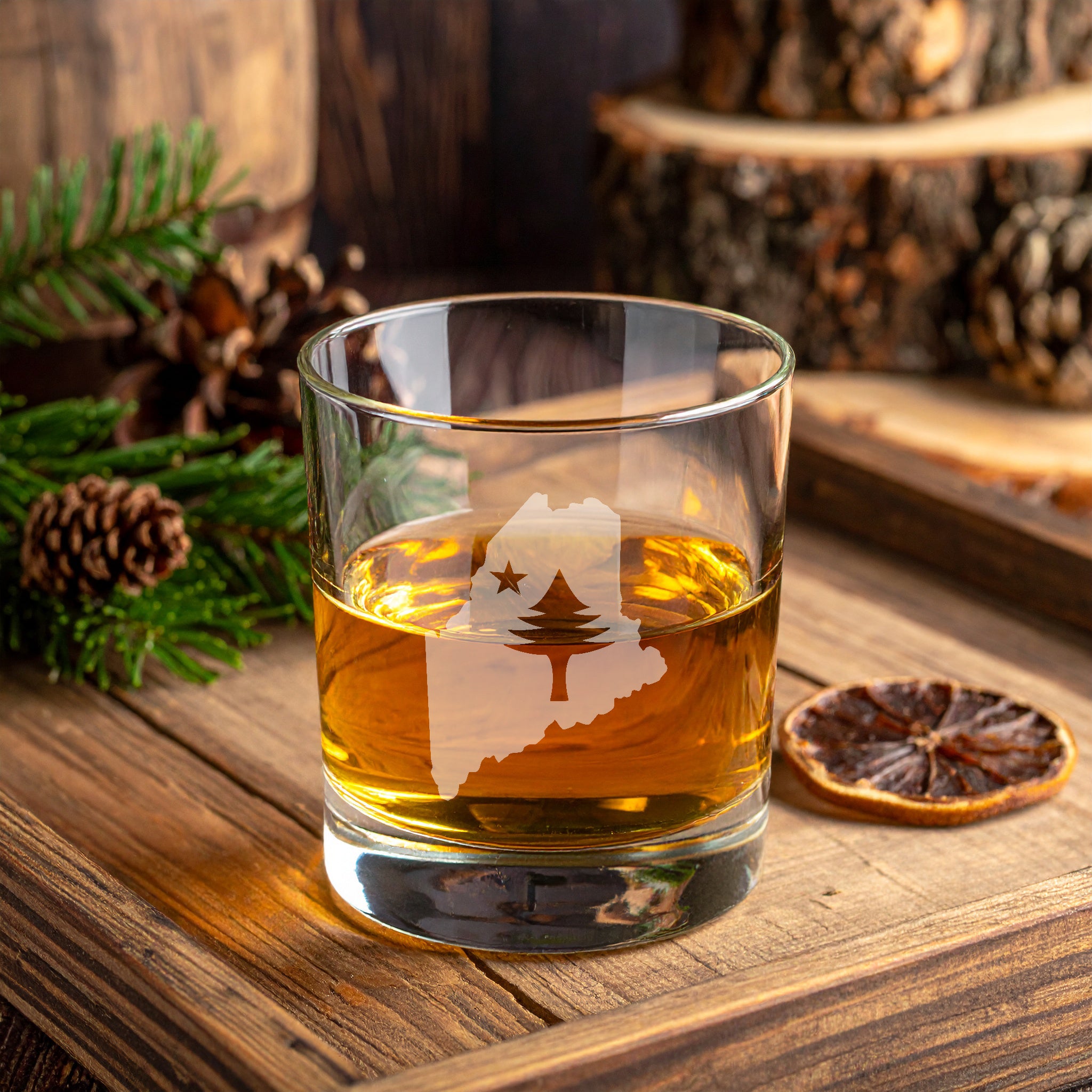 Maine Engraved Whiskey Glass | Retro Maine Flag Rocks Glass | Gift for Whiskey Lovers
