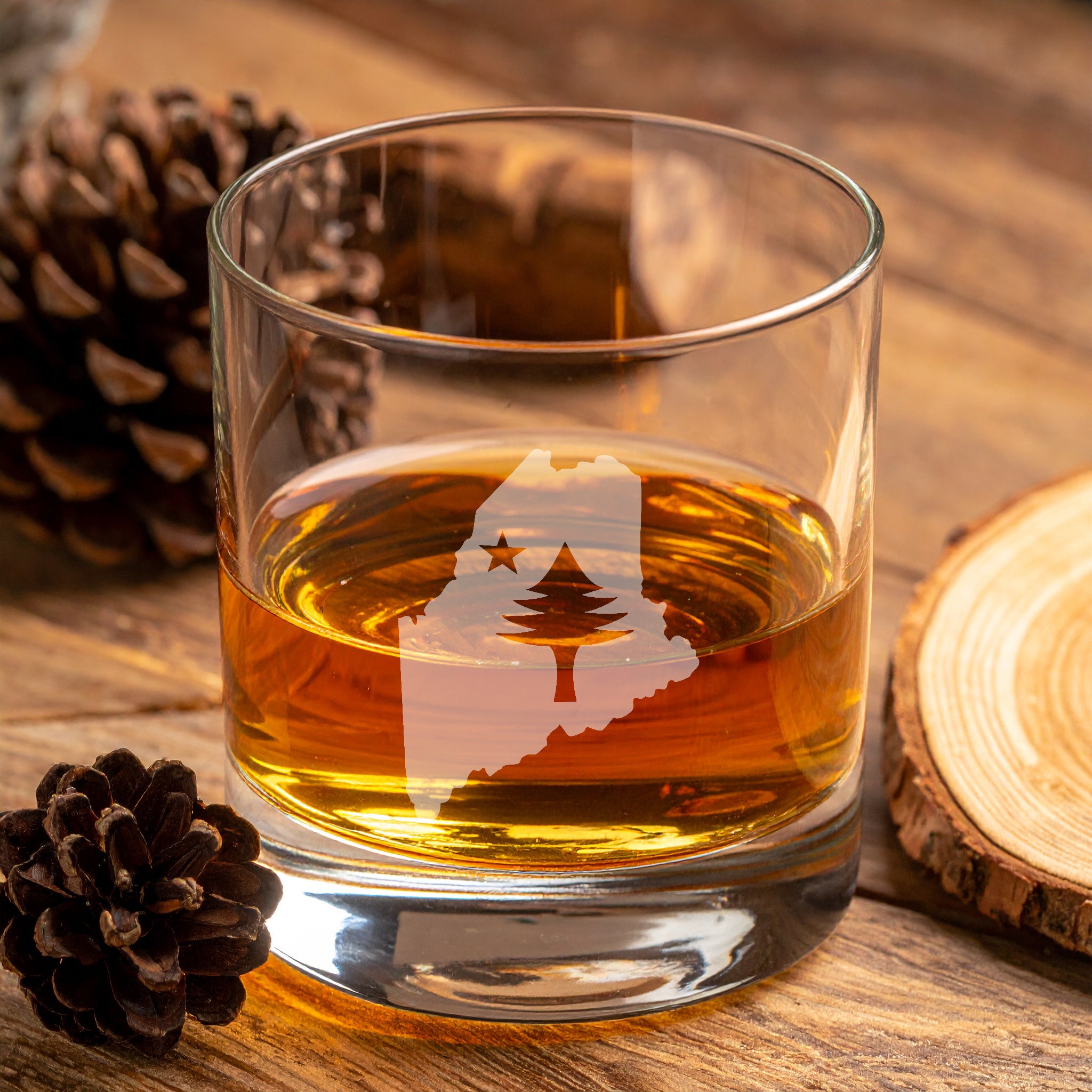 Maine Engraved Whiskey Glass | Retro Maine Flag Rocks Glass | Gift for Whiskey Lovers