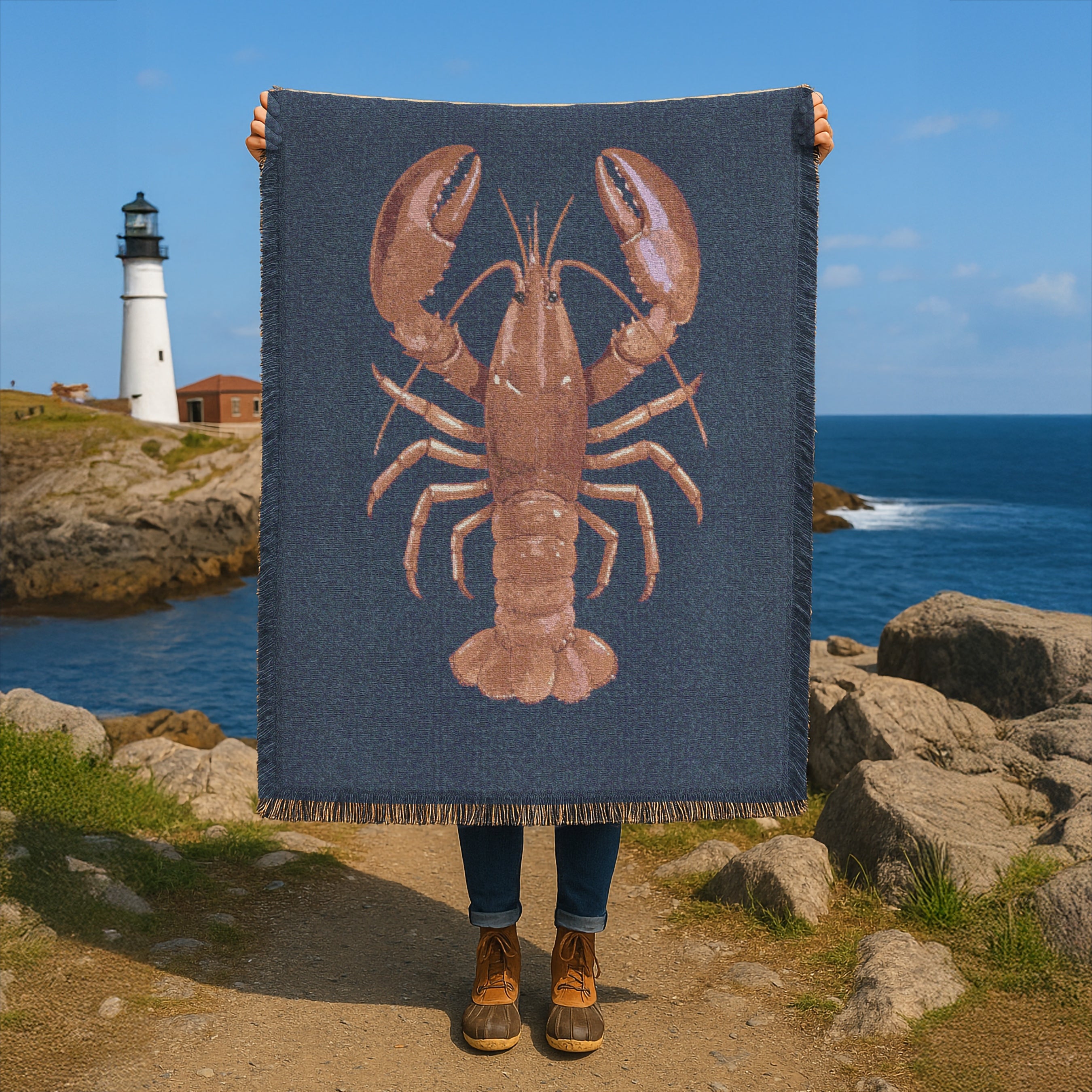 Lobster Woven Blanket | 100% Cotton | Maine-Inspired Coastal Decor