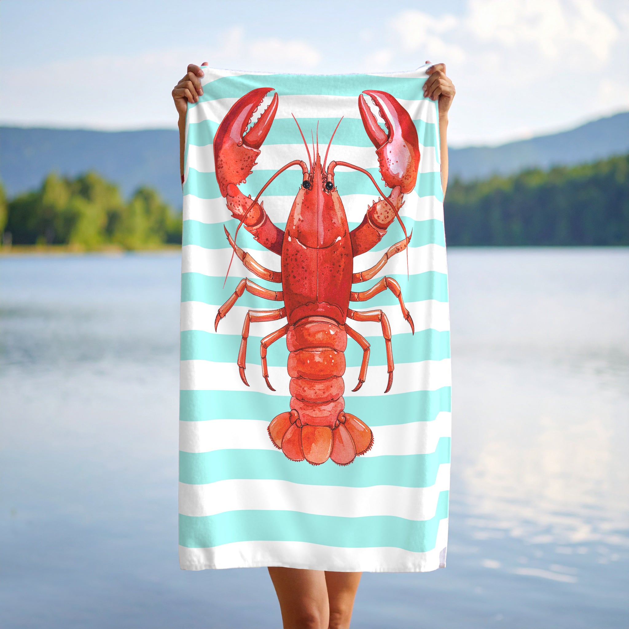 Maine Lobster Beach Towel | Coastal Stripes Towel | Nautical Holiday Gift