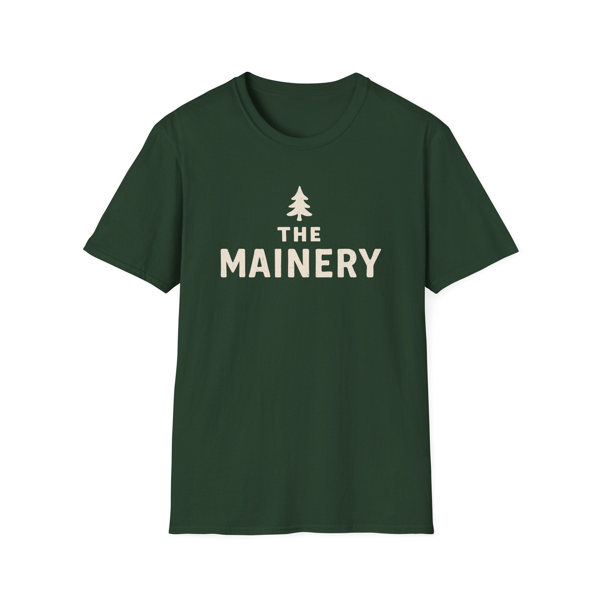 Green t-shirt with 'The Mainery' text and logo on a white background