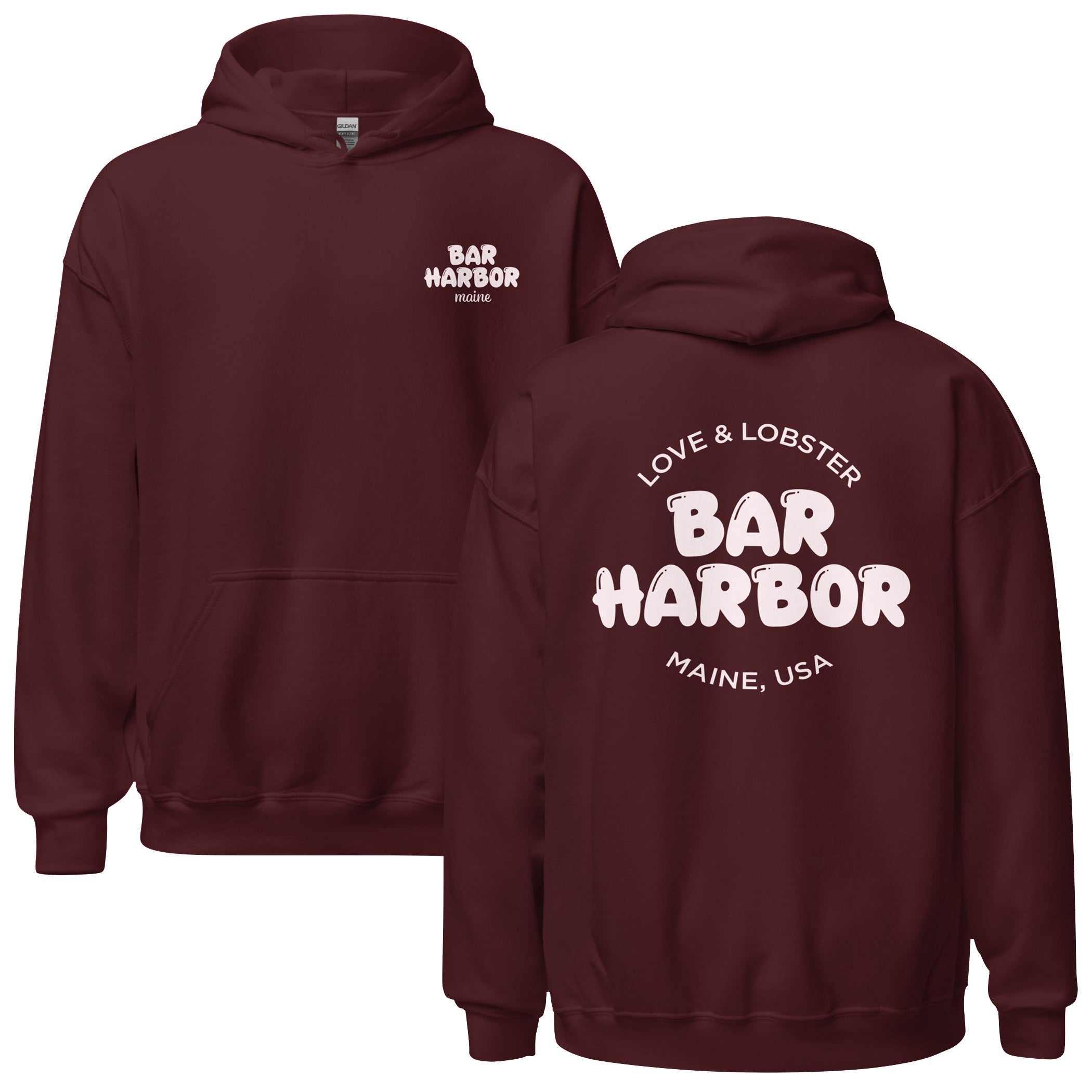 Bar Harbor "Love & Lobster" Bubble Letter Hoodie | Vintage-Inspired Cozy Maine Pullover | Coastal College Vibes