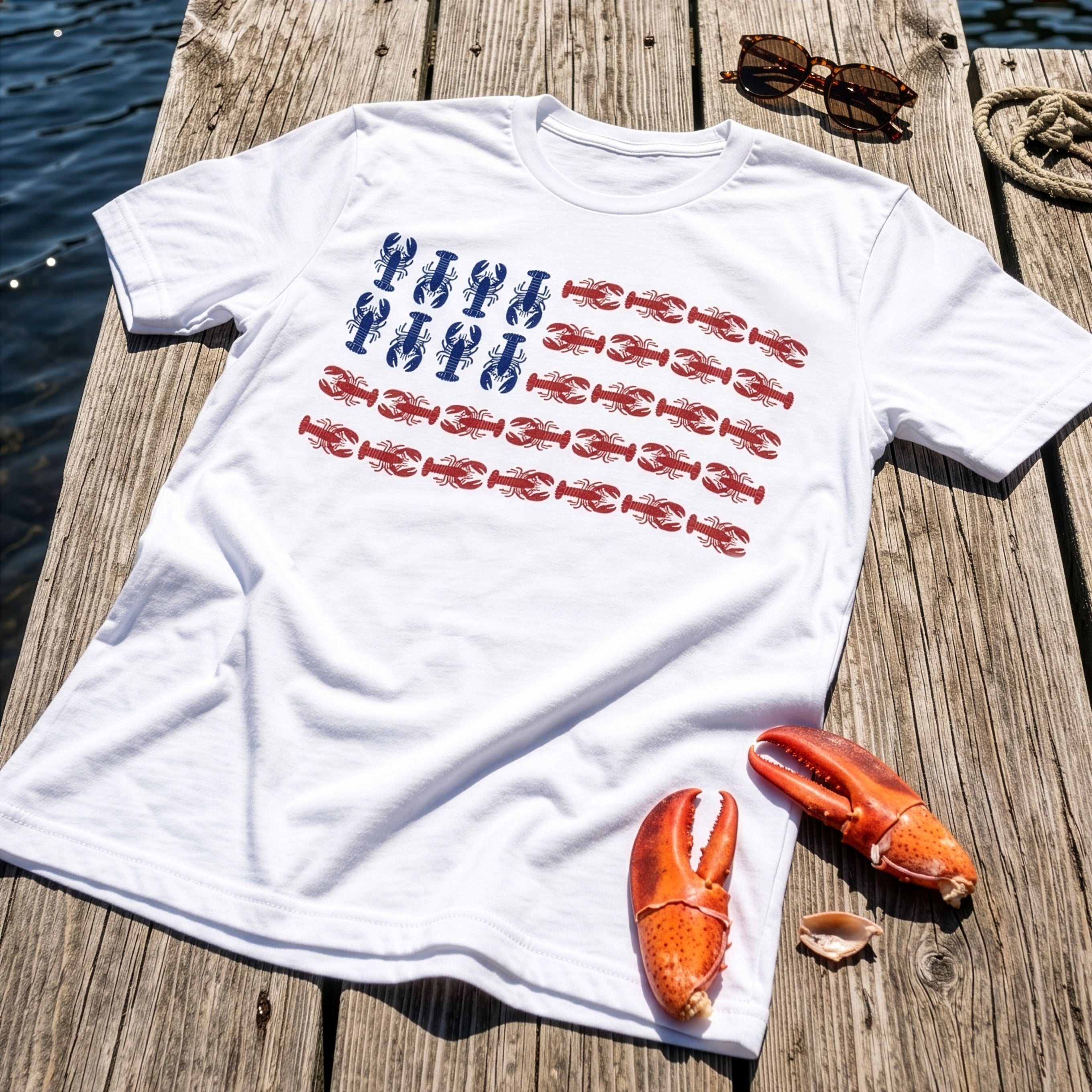 Red & Blue Lobster American Flag Tee