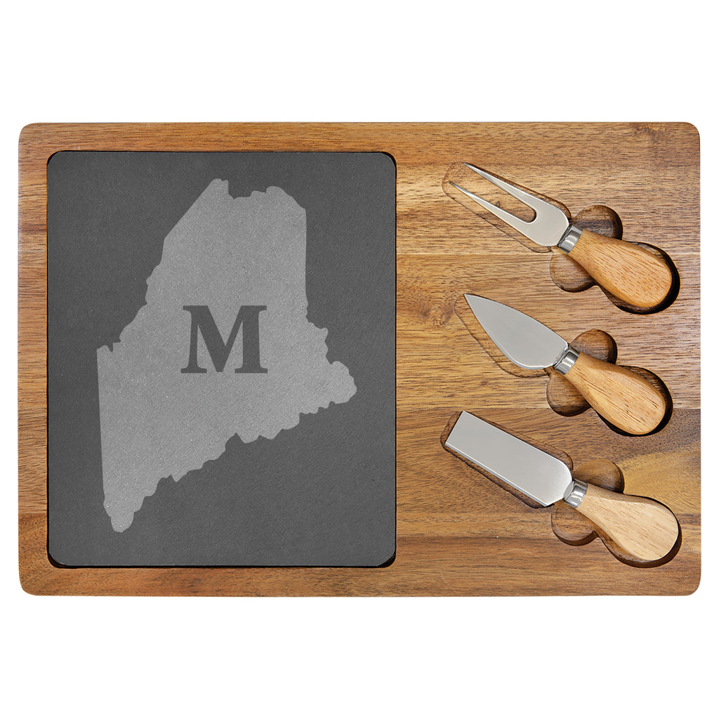 Maine Monogram Charcuterie Board | Custom Engraved Slate & Wood Cheese Board | Rustic Wedding or Housewarming Gift