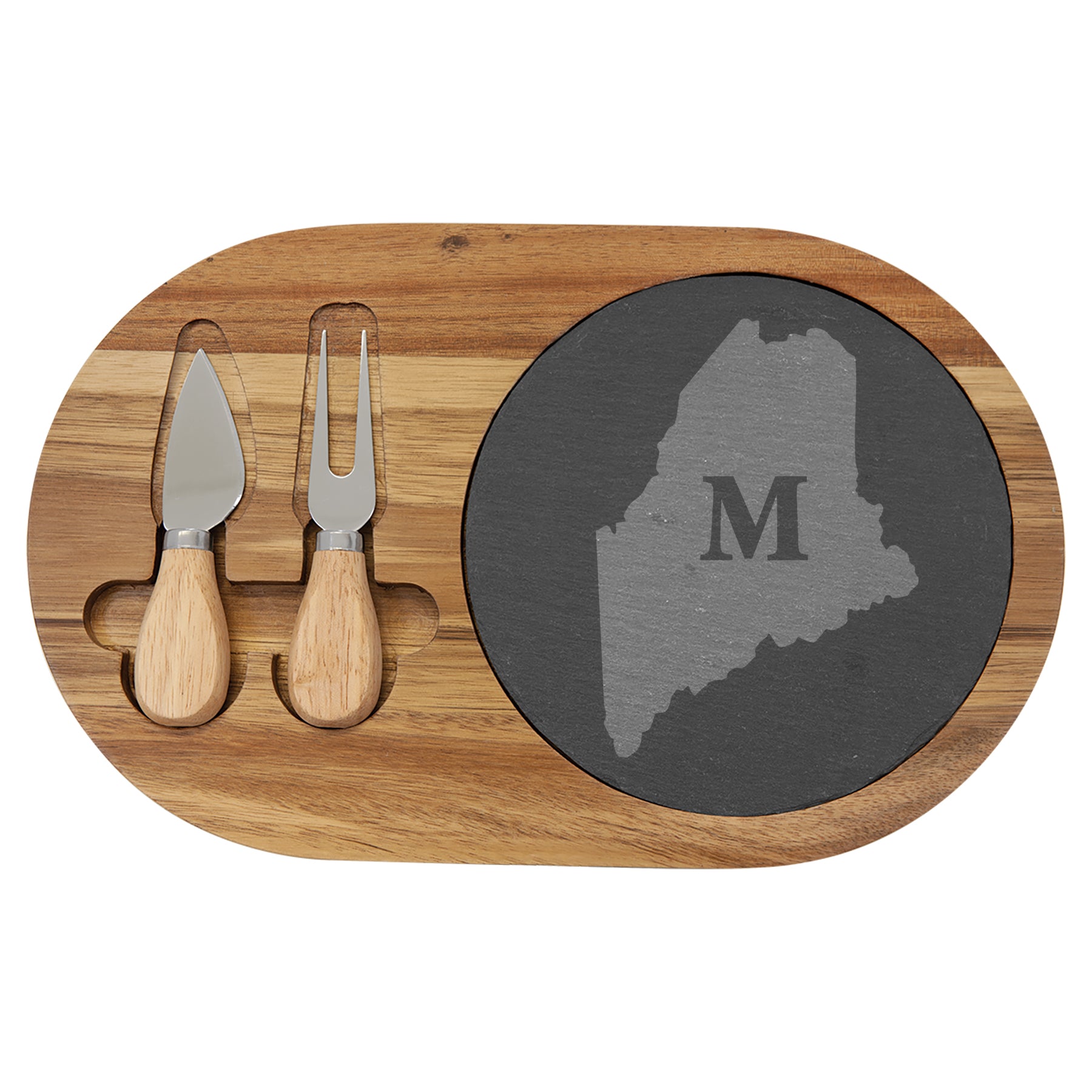 Maine Monogram Charcuterie Board | Custom Engraved Slate & Wood Cheese Board | Rustic Wedding or Housewarming Gift
