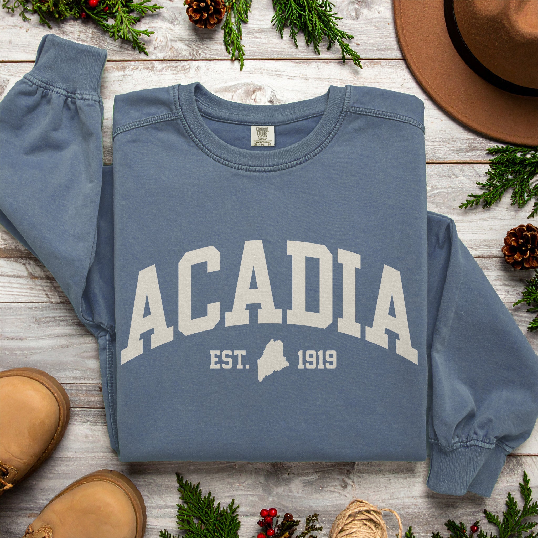 Acadia National Park Sweatshirt | Vintage Maine Varsity Style | Cozy Crewneck for Nature Lovers