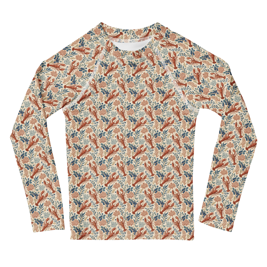 Kids Botanical Lobster UPF Rash Guard | Coastal Swim Shirt | Maine Beachwear for Kids
