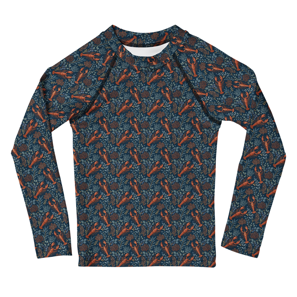 Kids Botanical Lobster UPF Rash Guard | Coastal Swim Shirt | Maine Beachwear for Kids
