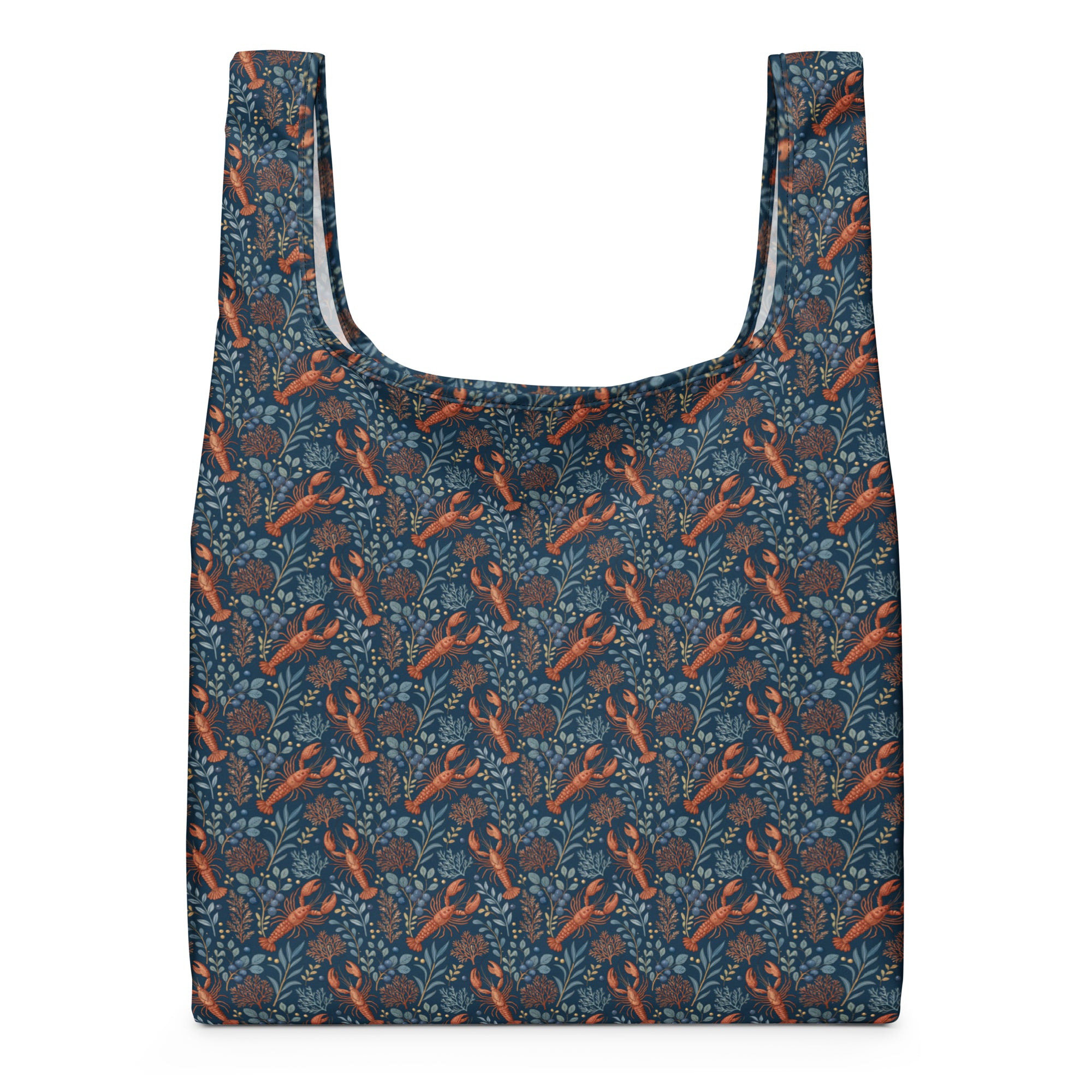 Maine Cottagecore Reusable Shopping Bag | Lobster, Blueberry & Botanical Print | Cream or Navy Eco Tote