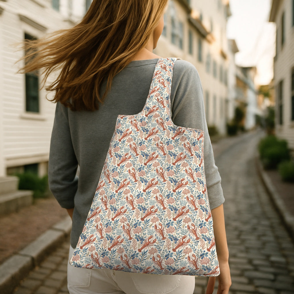 Maine Cottagecore Reusable Shopping Bag | Lobster, Blueberry & Botanical Print | Cream or Navy Eco Tote