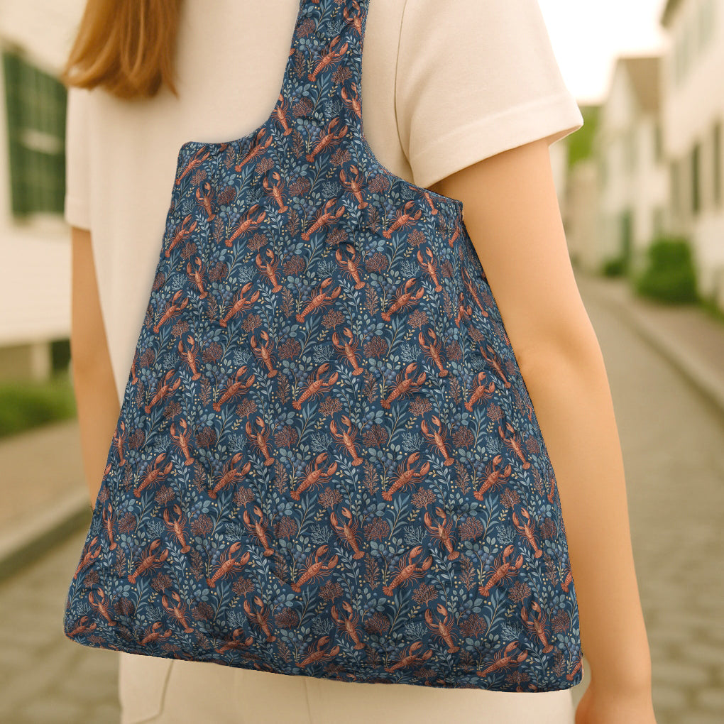 Maine Cottagecore Reusable Shopping Bag | Lobster, Blueberry & Botanical Print | Cream or Navy Eco Tote