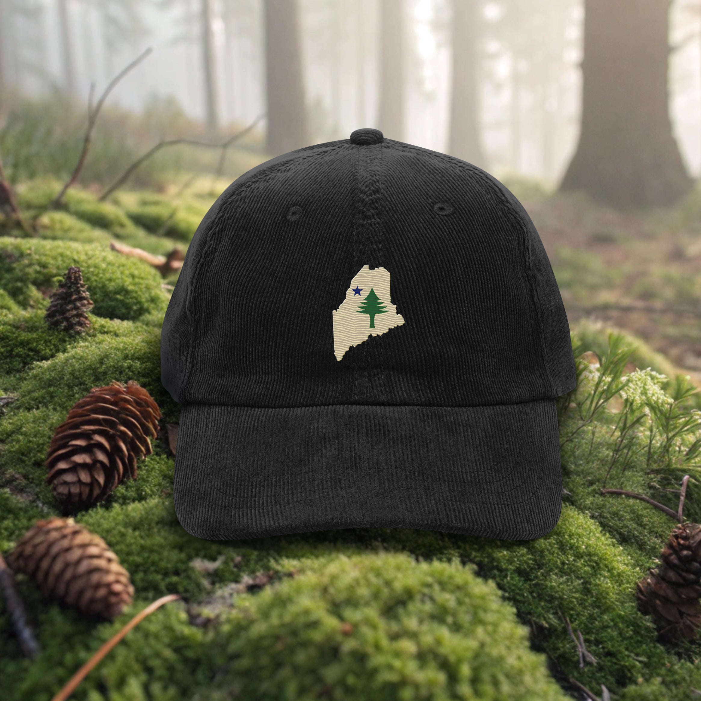 1901 Maine Flag Corduroy Hat | Vintage Pine Tree & North Star Embroidered Cap
