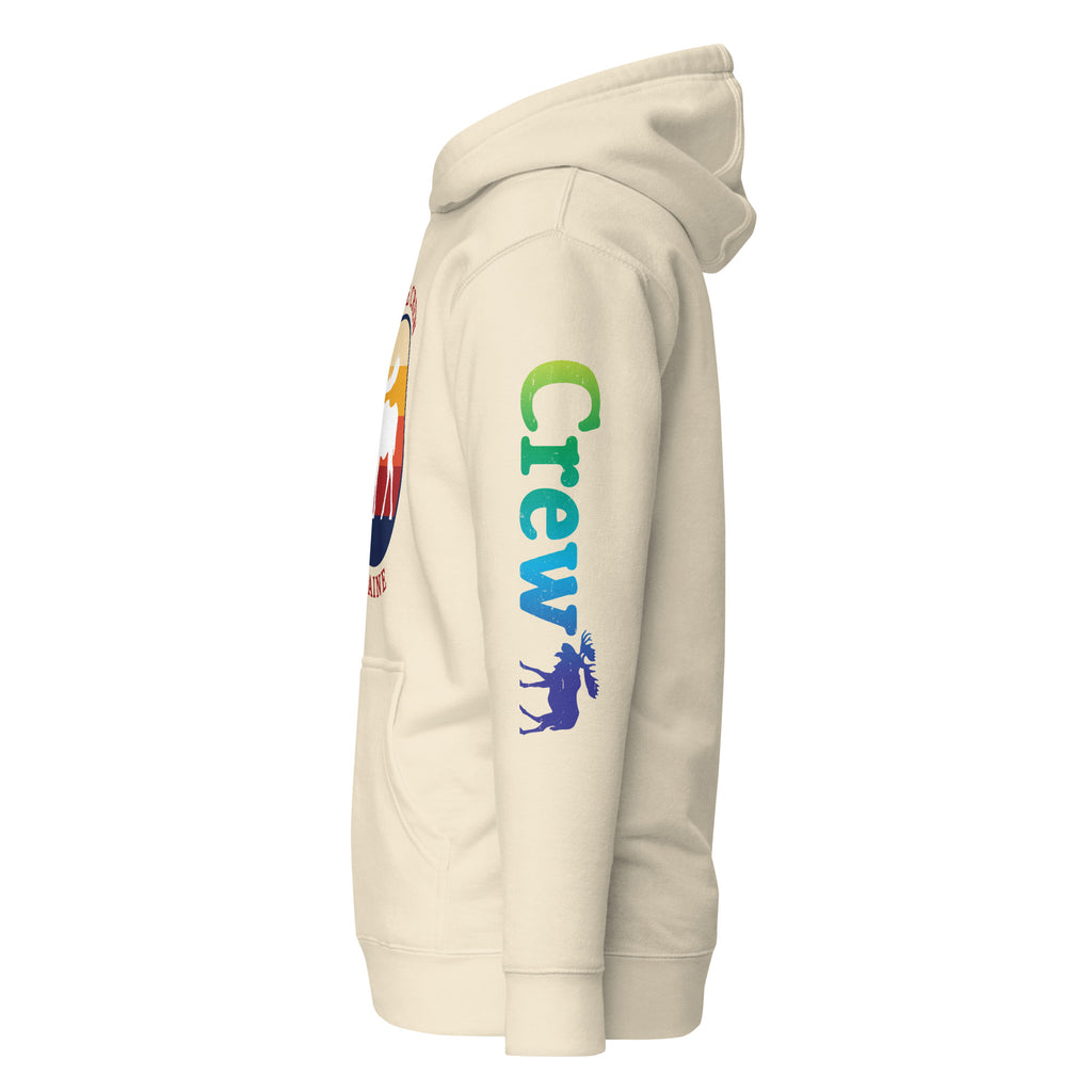 "Moose Crew" Retro Hoodie | Vintage Maine Pullover with Sleeve Print | Unisex Coastal Sweatshirt
