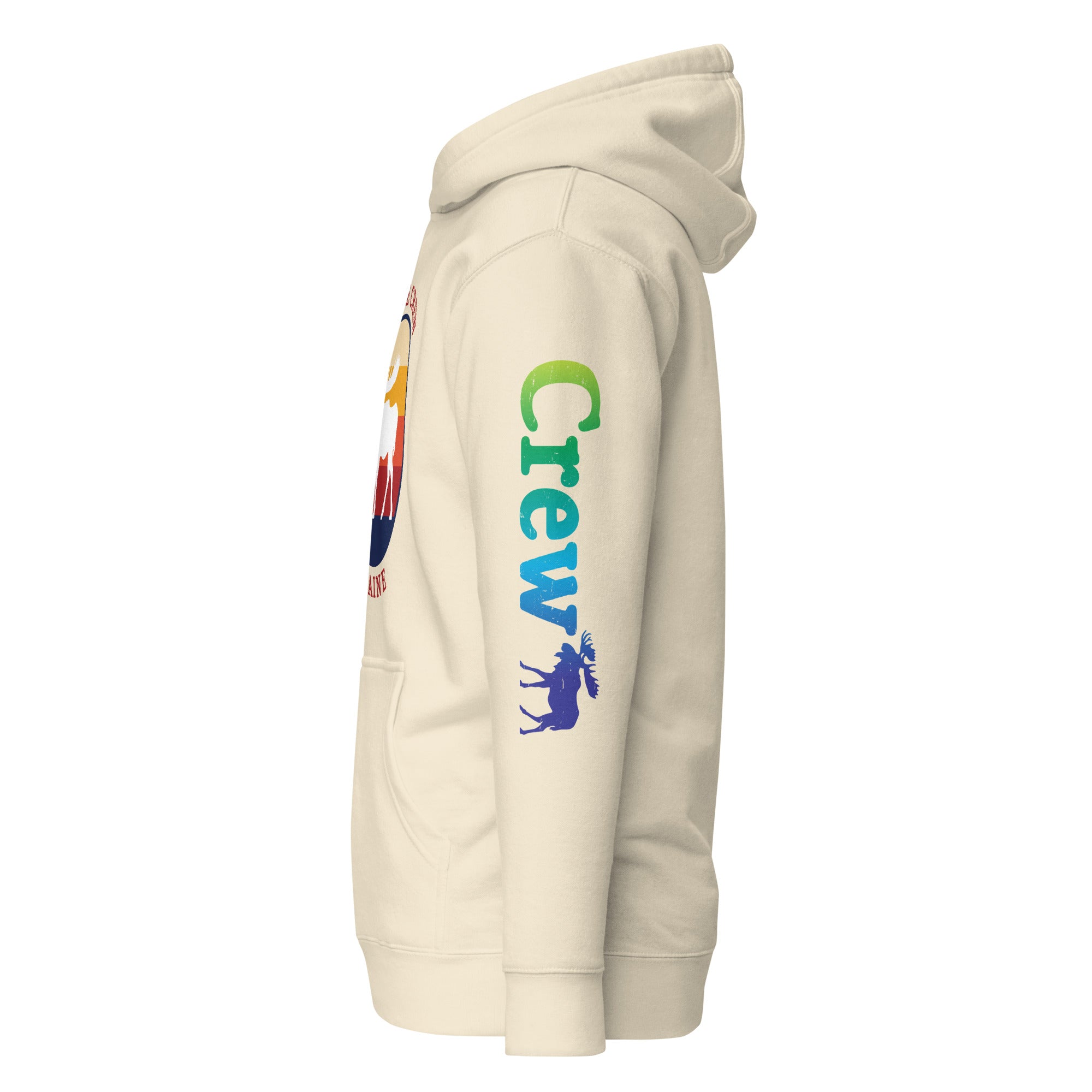 Maine "Moose Crew" Retro Hoodie | Vintage Maine Pullover with Sleeve Print | Unisex Coastal Sweatshirt