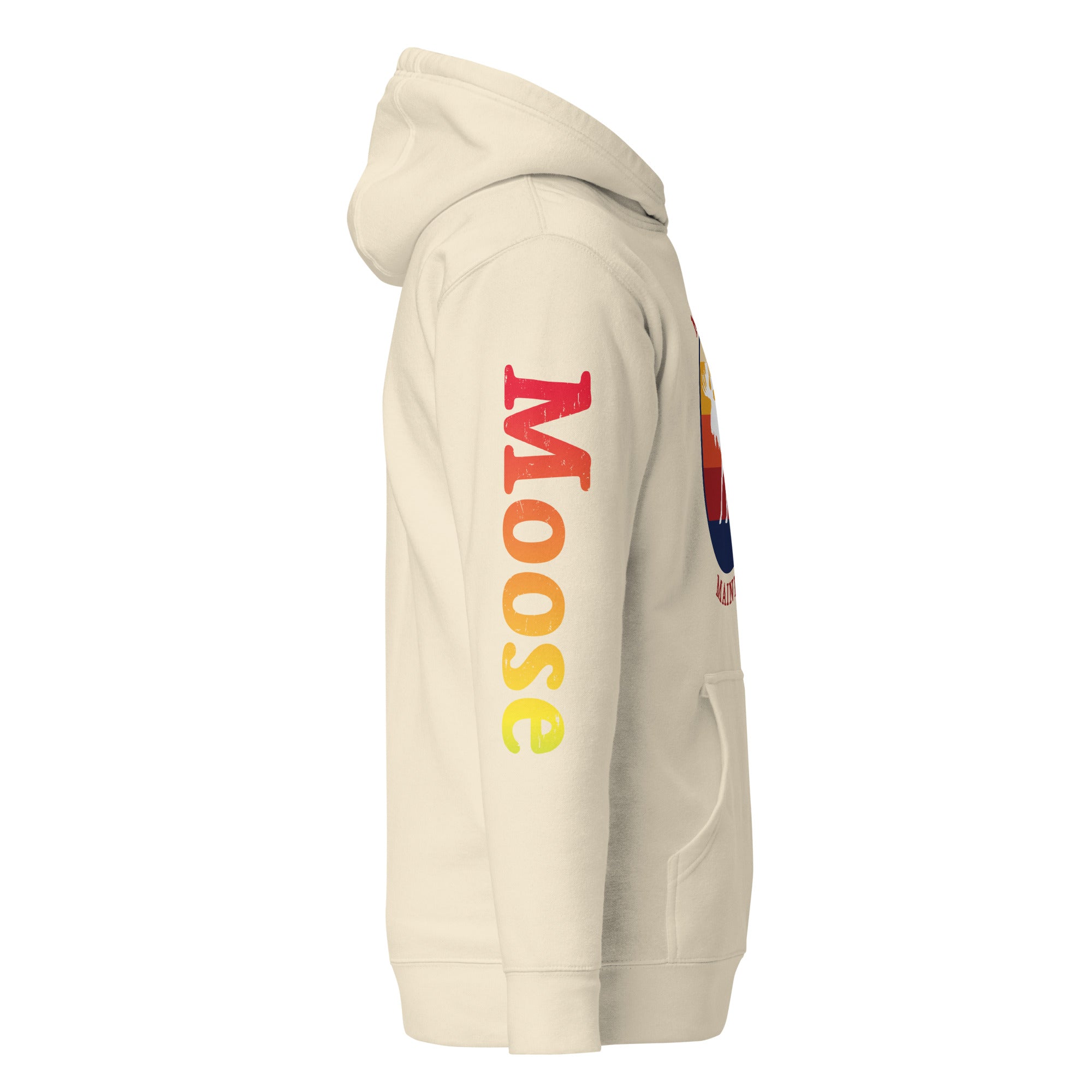 Maine "Moose Crew" Retro Hoodie | Vintage Maine Pullover with Sleeve Print | Unisex Coastal Sweatshirt