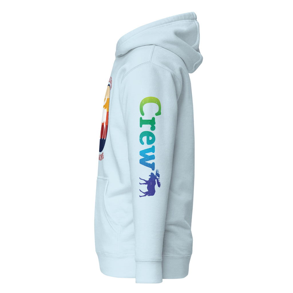 "Moose Crew" Retro Hoodie | Vintage Maine Pullover with Sleeve Print | Unisex Coastal Sweatshirt