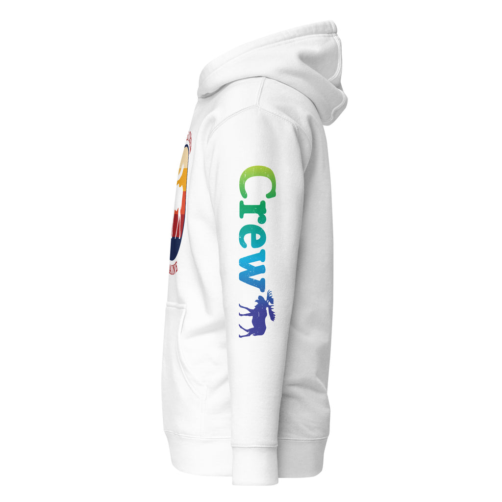 "Moose Crew" Retro Hoodie | Vintage Maine Pullover with Sleeve Print | Unisex Coastal Sweatshirt