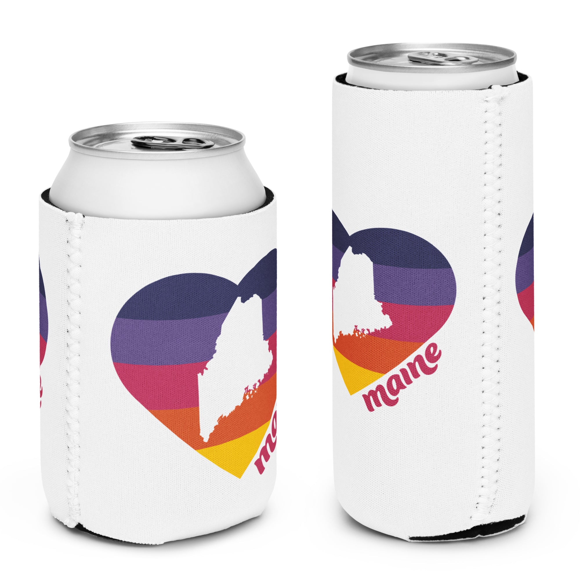 Maine Retro Heart Neoprene Koozie | Four Designs to Mix & Match | 12 oz Regular or Slim Can Cooler | Vintage Coastal Vibes Can Holder
