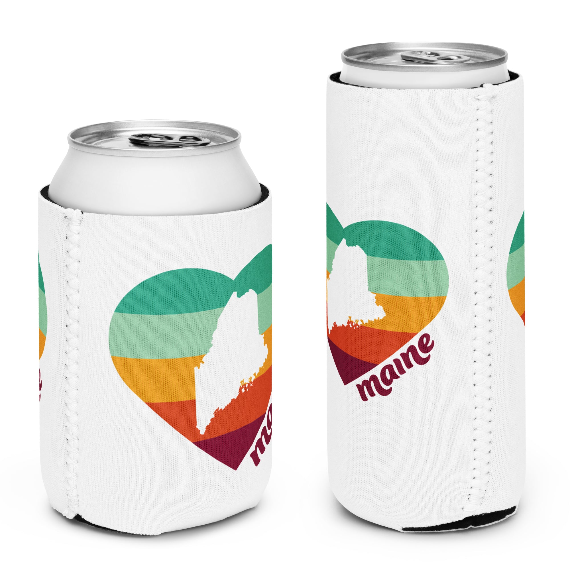 Maine Retro Heart Neoprene Koozie | Four Designs to Mix & Match | 12 oz Regular or Slim Can Cooler | Vintage Coastal Vibes Can Holder