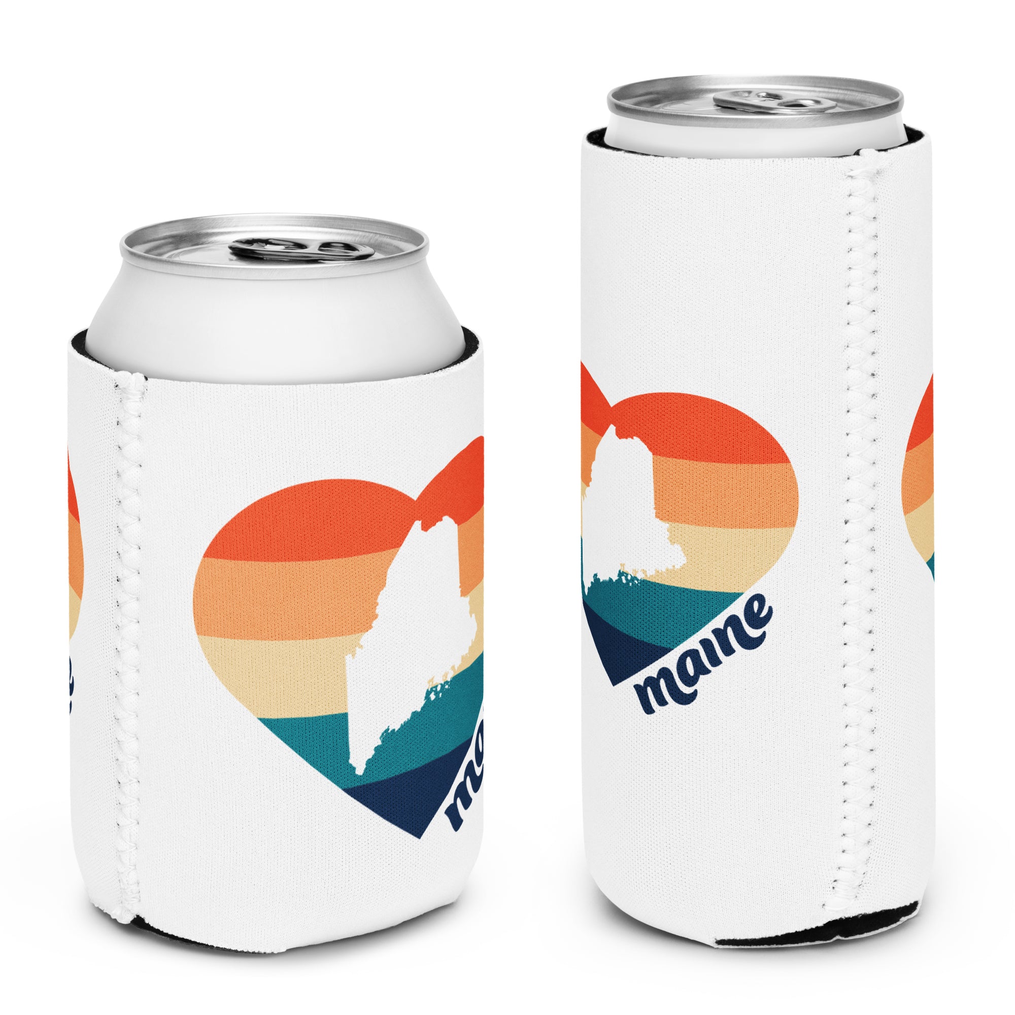 Maine Retro Heart Neoprene Koozie | Four Designs to Mix & Match | 12 oz Regular or Slim Can Cooler | Vintage Coastal Vibes Can Holder