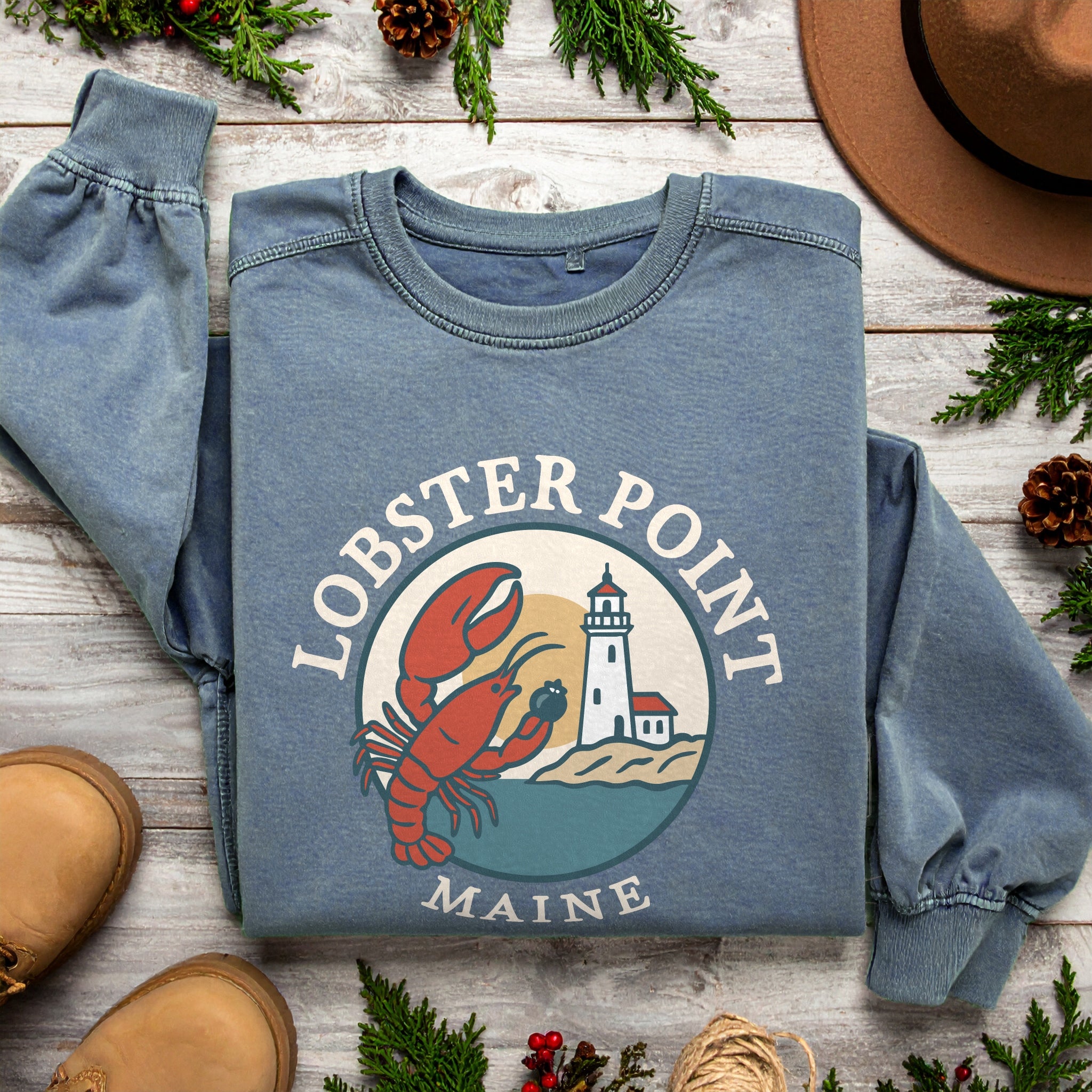 "Lobster Point" Maine Sweatshirt |  Retro New England Crewneck | Coastal Souvenir Gift
