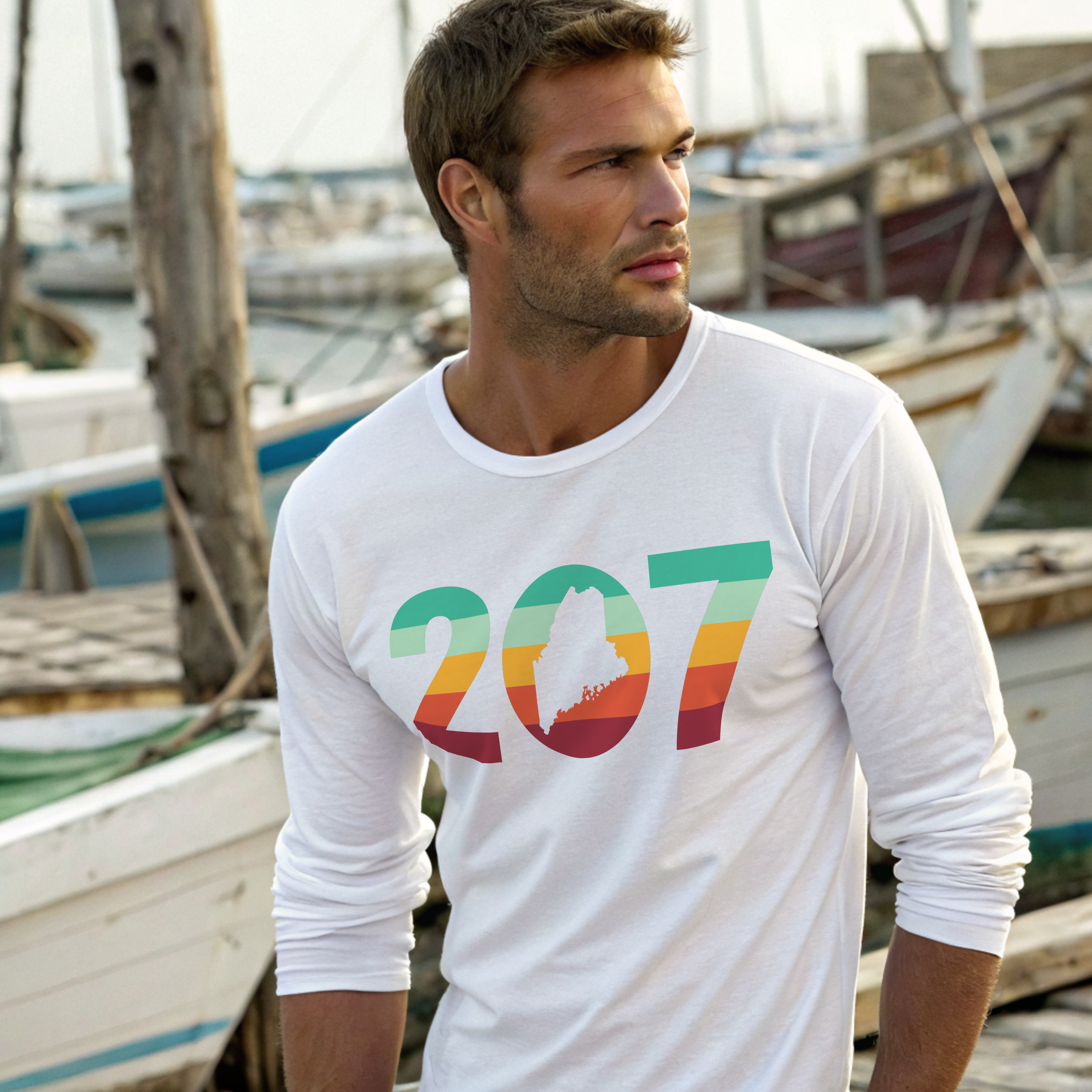 207 Maine Area Code Retro Stripe Long Sleeve Tee