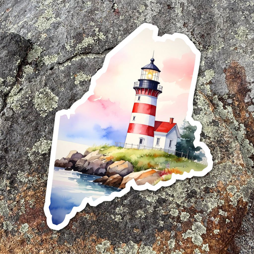 Maine Lighthouse Scene Die-Cut Vinyl Sticker | New England Coastal Decal