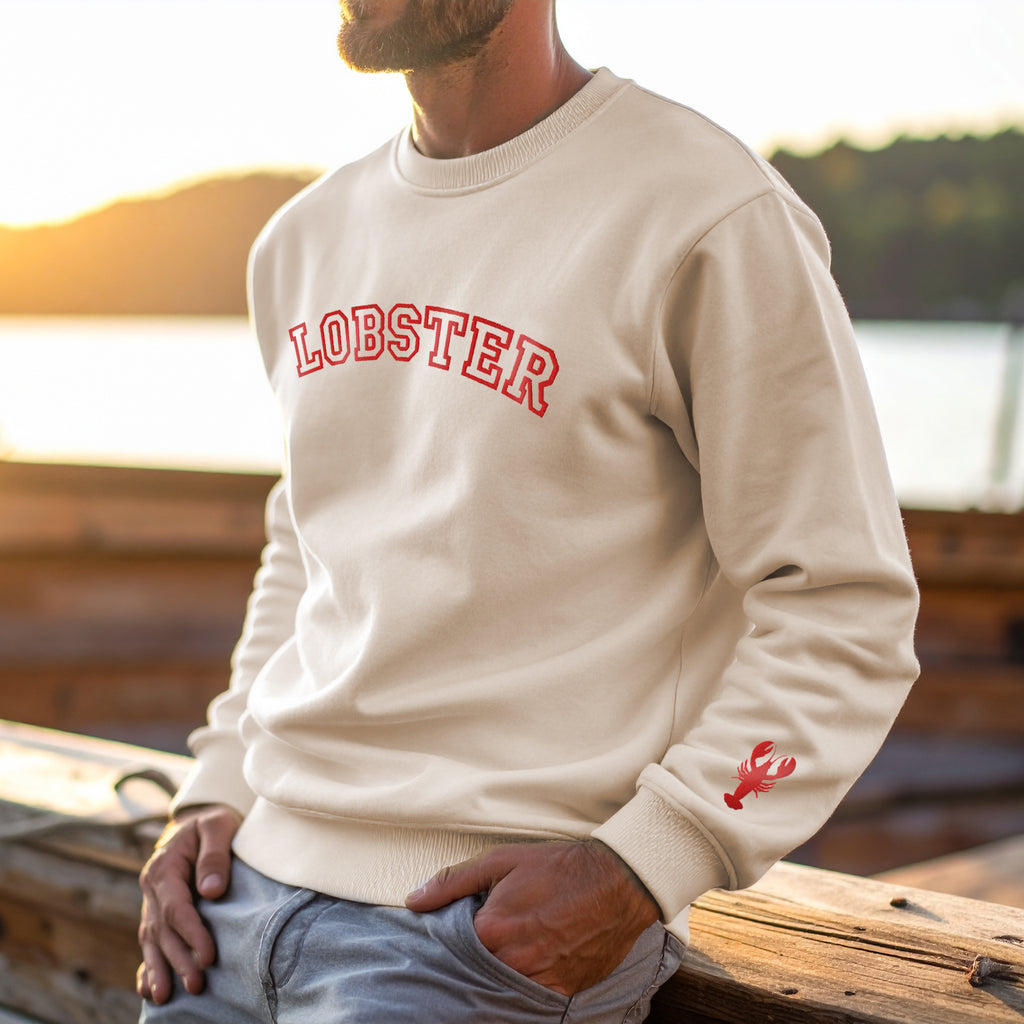 Lobster Collegiate Embroidered Sweatshirt with Lobster Wrist Embroidery | Preppy Maine Coastal Crewneck