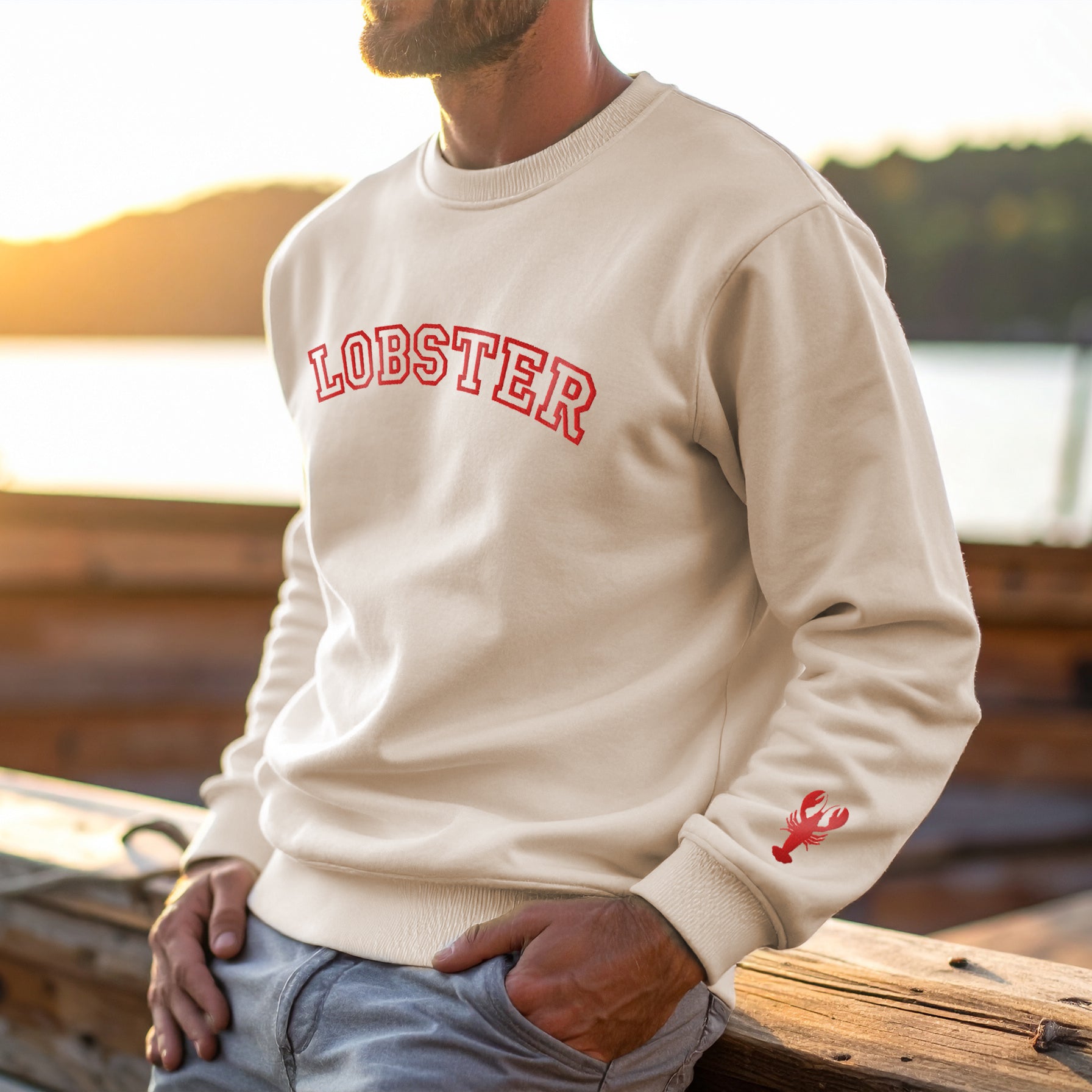Lobster Collegiate Embroidered Sweatshirt with Lobster Wrist Embroidery | Preppy Maine Coastal Crewneck