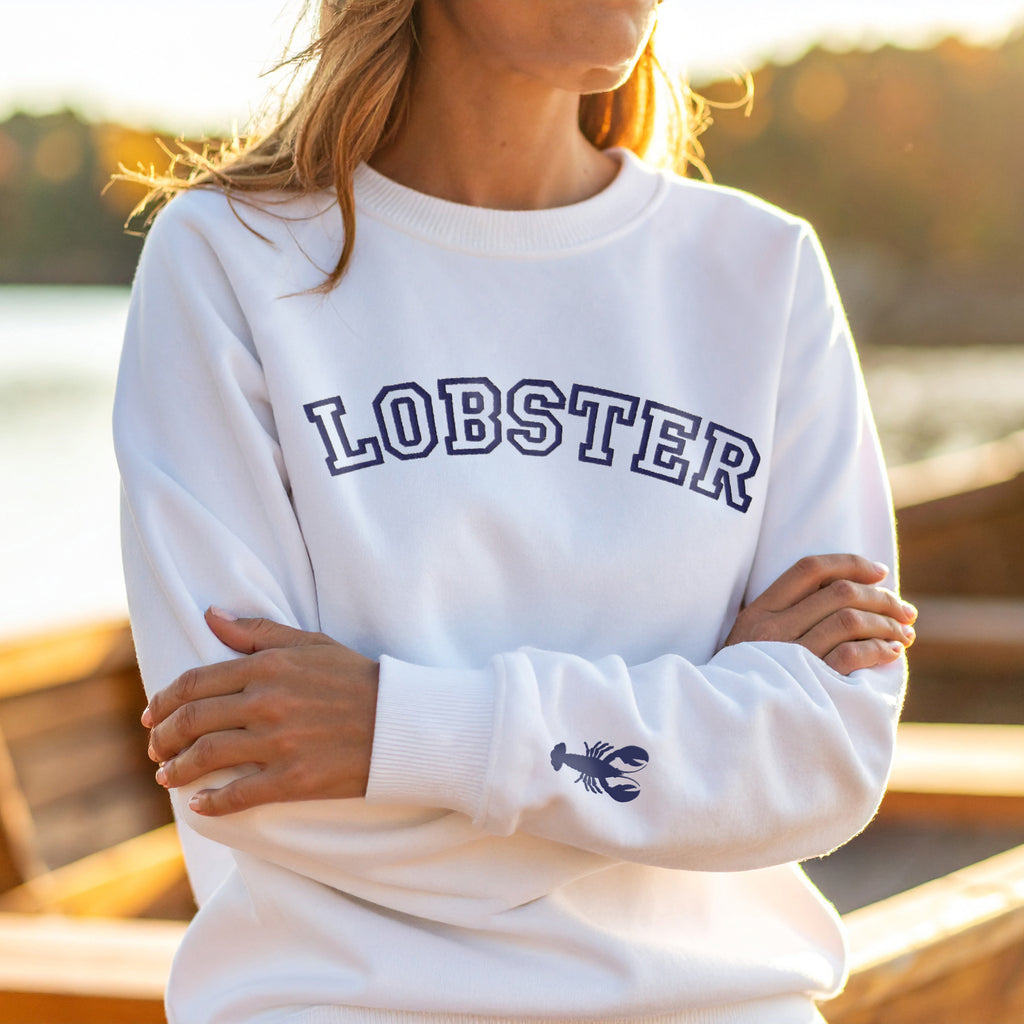 Lobster Collegiate Embroidered Sweatshirt with Lobster Wrist Embroidery | Preppy Maine Coastal Crewneck