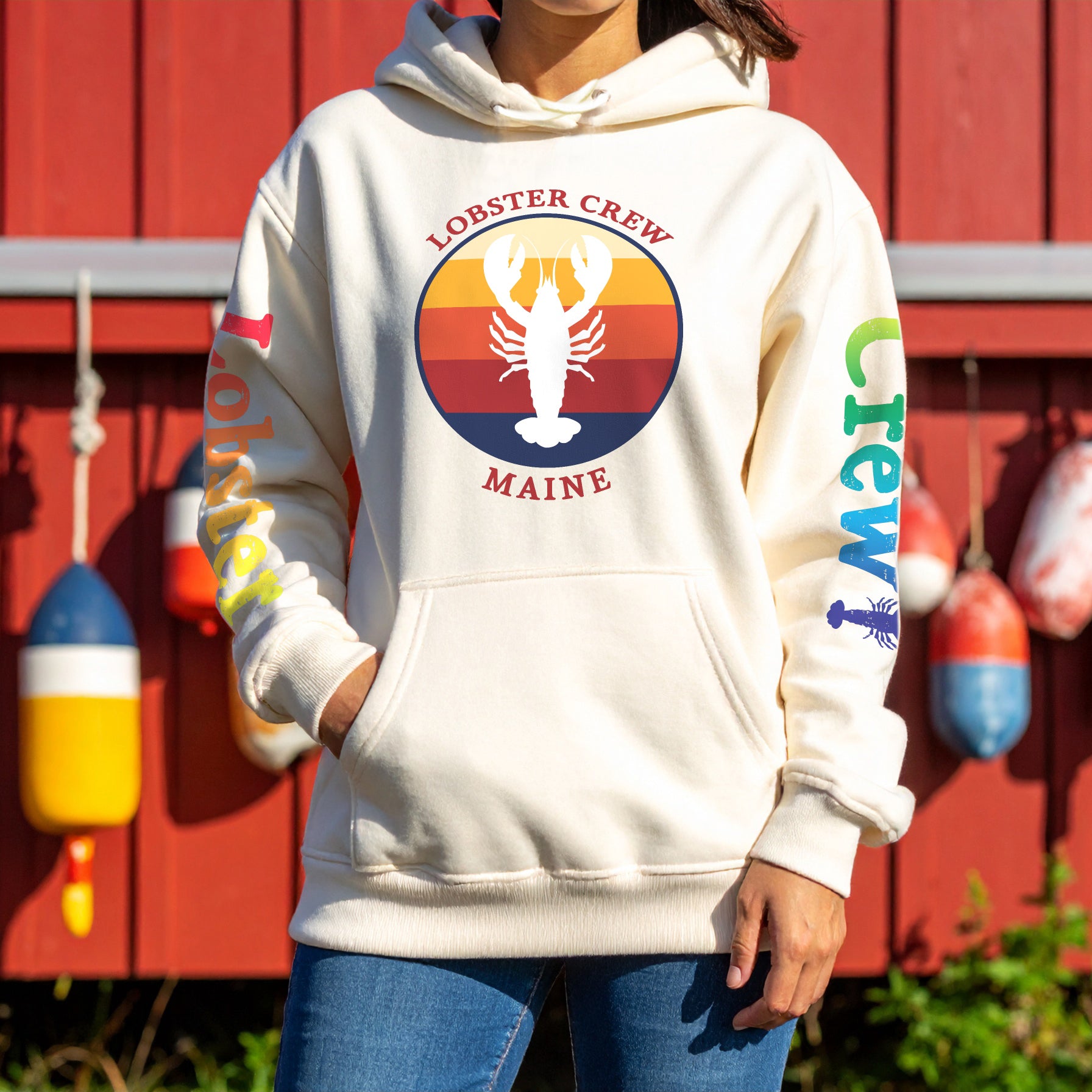 Maine "Lobster Crew" Retro Hoodie | Vintage Maine Pullover with Sleeve Print | Unisex Coastal Sweatshirt