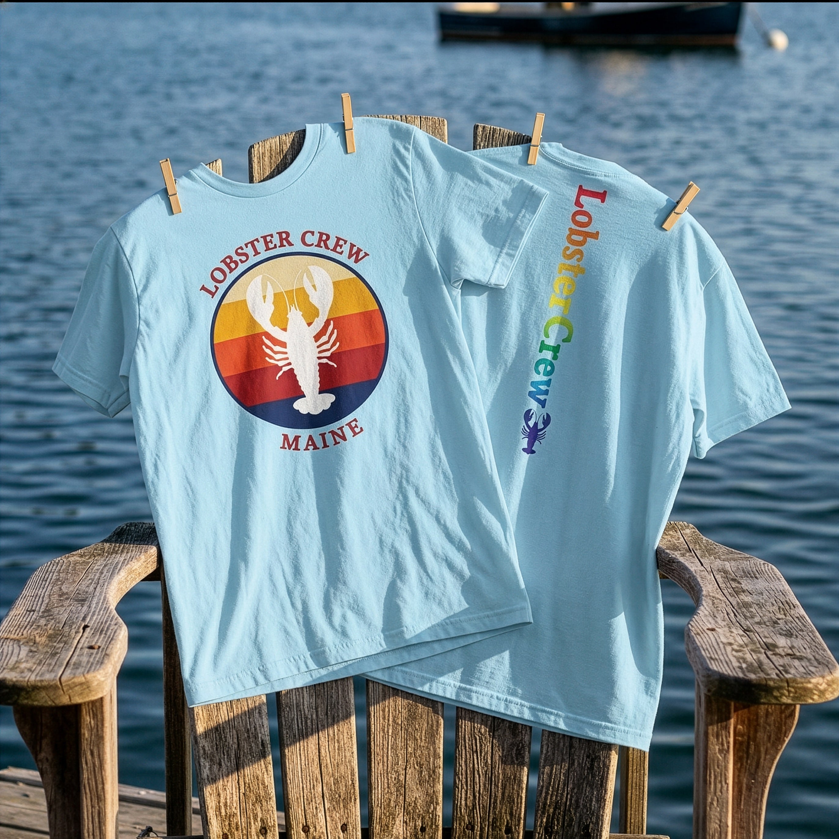Lobster Crew Retro Tee with Rainbow Text on Back