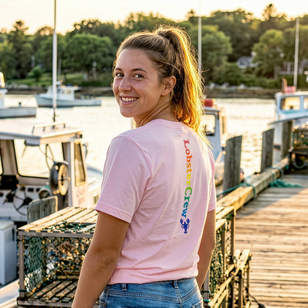 Lobster Crew Retro Tee with Rainbow Text on Back