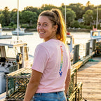 Lobster Crew Retro Tee with Rainbow Text on Back