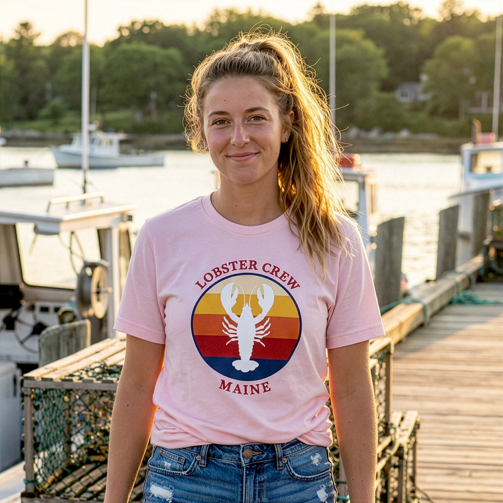 Lobster Crew Retro Tee with Rainbow Text on Back