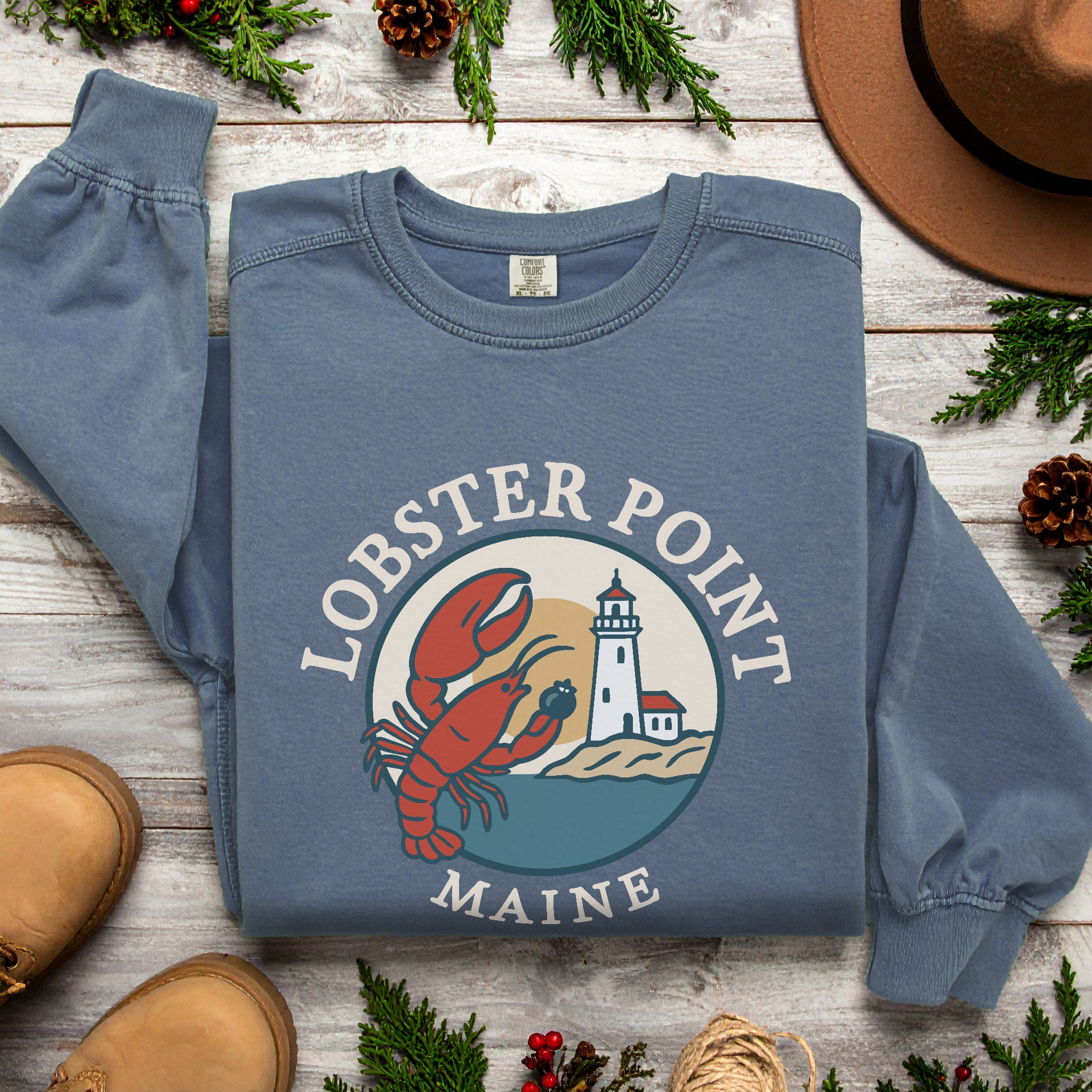 "Lobster Point" Maine Sweatshirt |  Retro New England Crewneck | Coastal Souvenir Gift