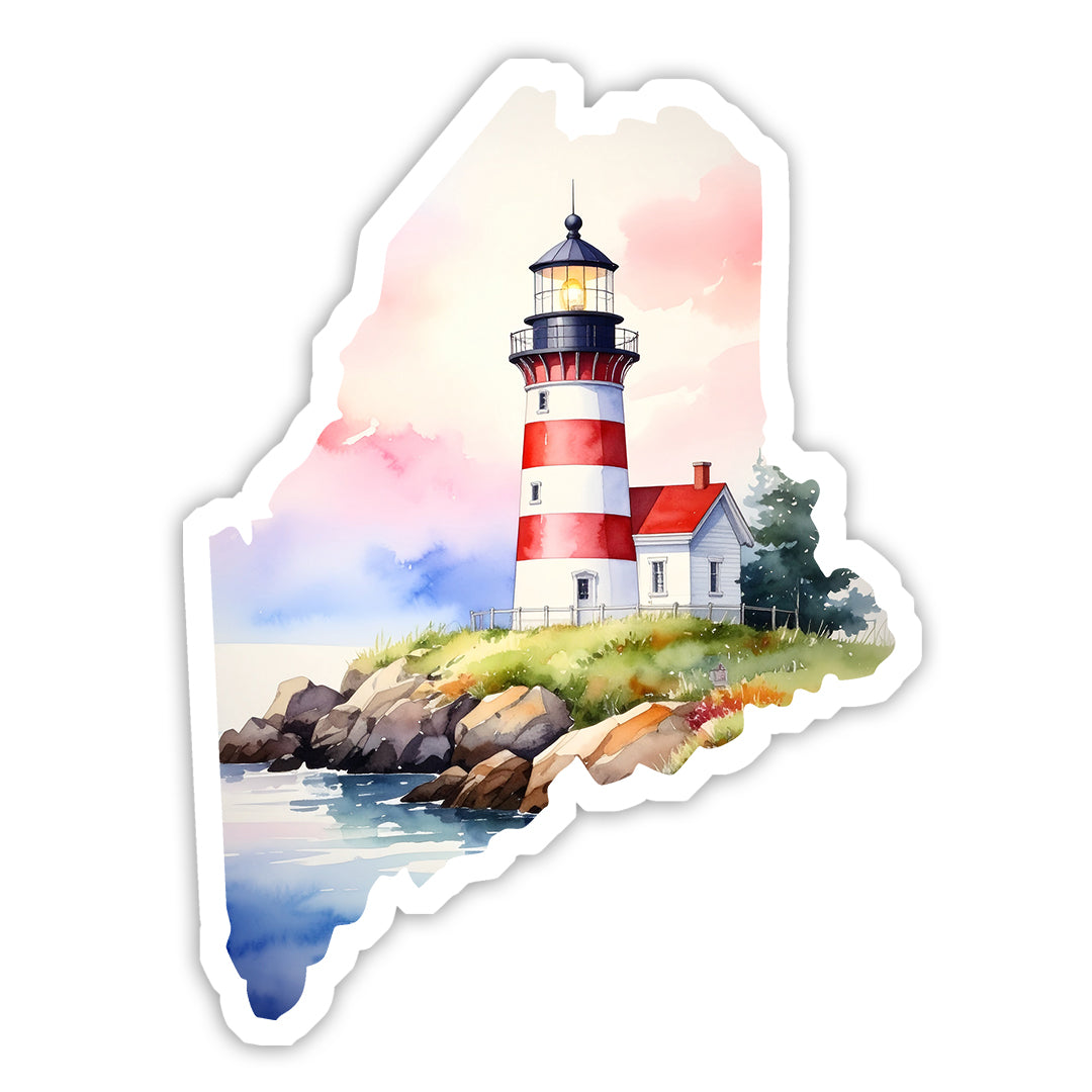 Maine Lighthouse Scene Die-Cut Vinyl Sticker | New England Coastal Decal