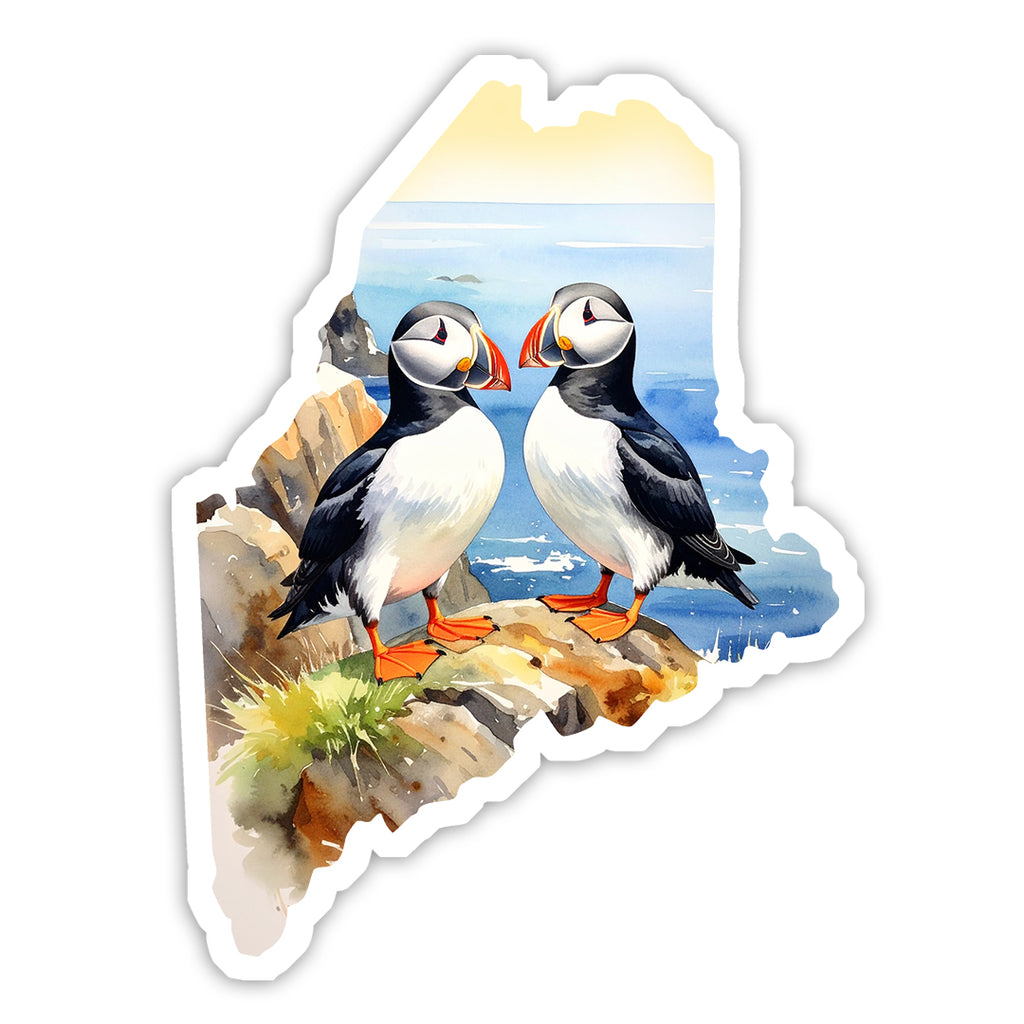 Maine Puffin Scene Die-Cut Vinyl Sticker | New England Decal