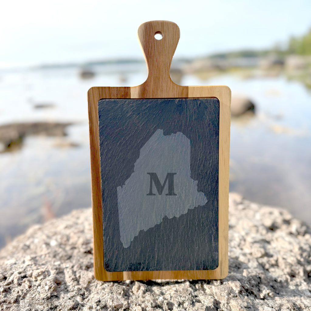 Maine Monogram Charcuterie Board | Custom Engraved Slate & Wood Cheese Board | Rustic Wedding or Housewarming Gift