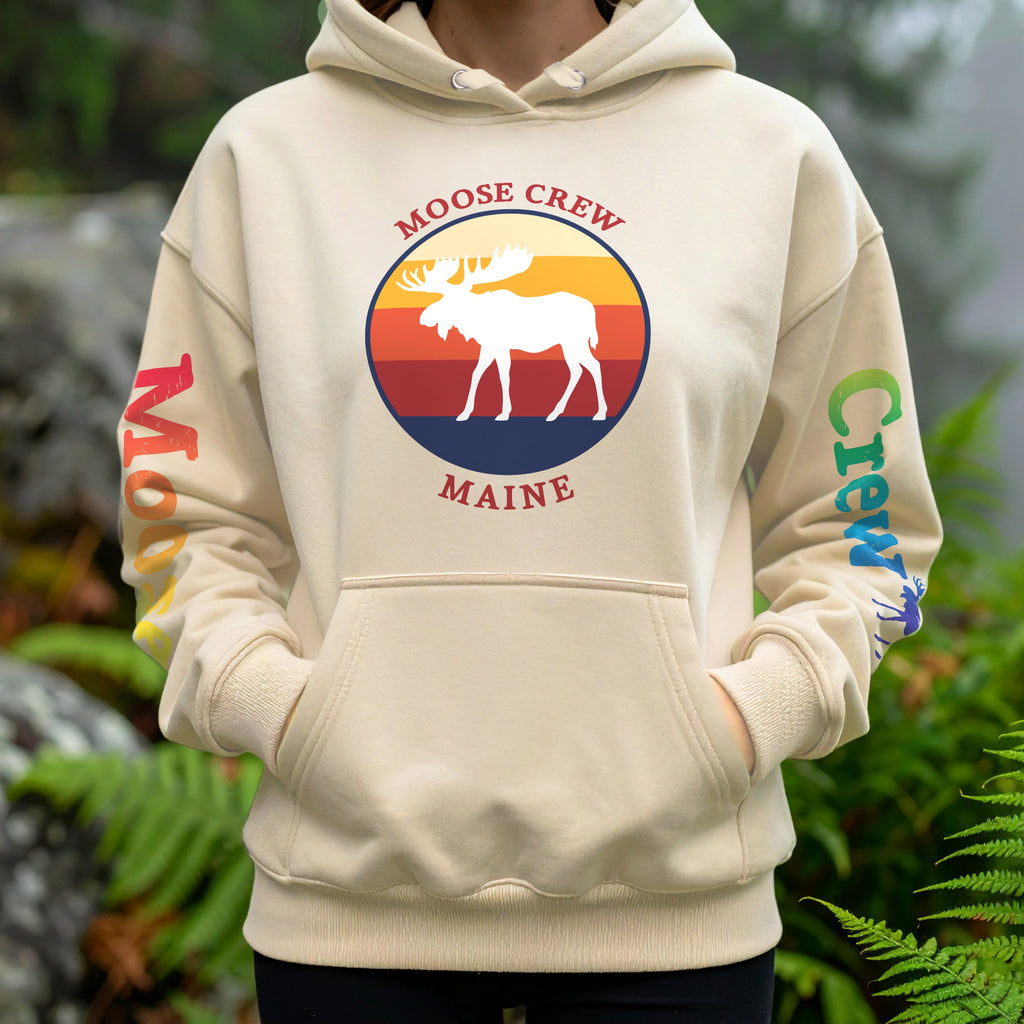 "Moose Crew" Retro Hoodie | Vintage Maine Pullover with Sleeve Print | Unisex Coastal Sweatshirt