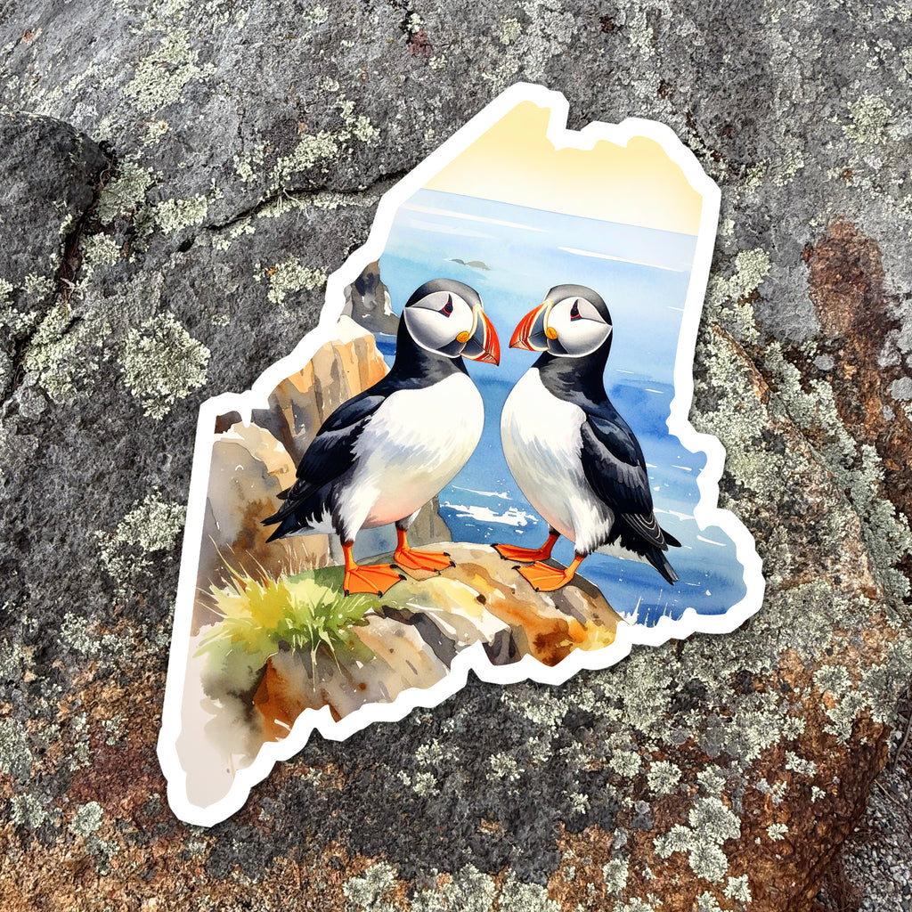 Maine Puffin Scene Die-Cut Vinyl Sticker | New England Decal