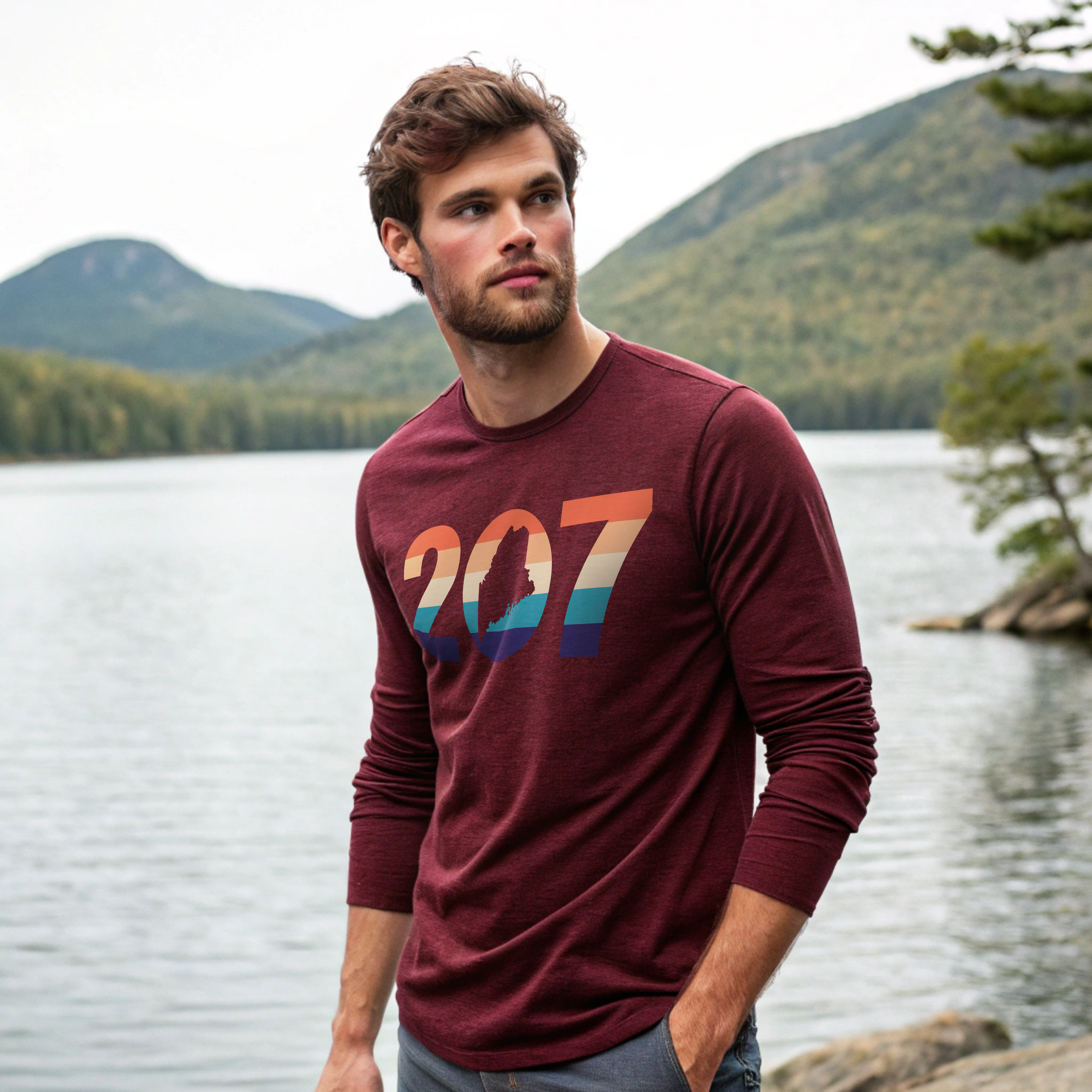 207 Maine Area Code Warm Rainbow Stripe Long Sleeve Tee