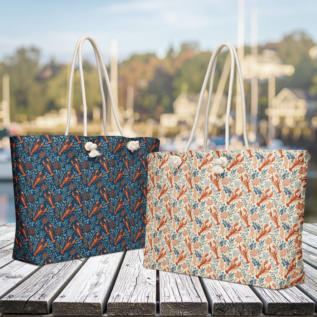 Maine Coastal Weekender Bag with Lobster Botanical Print